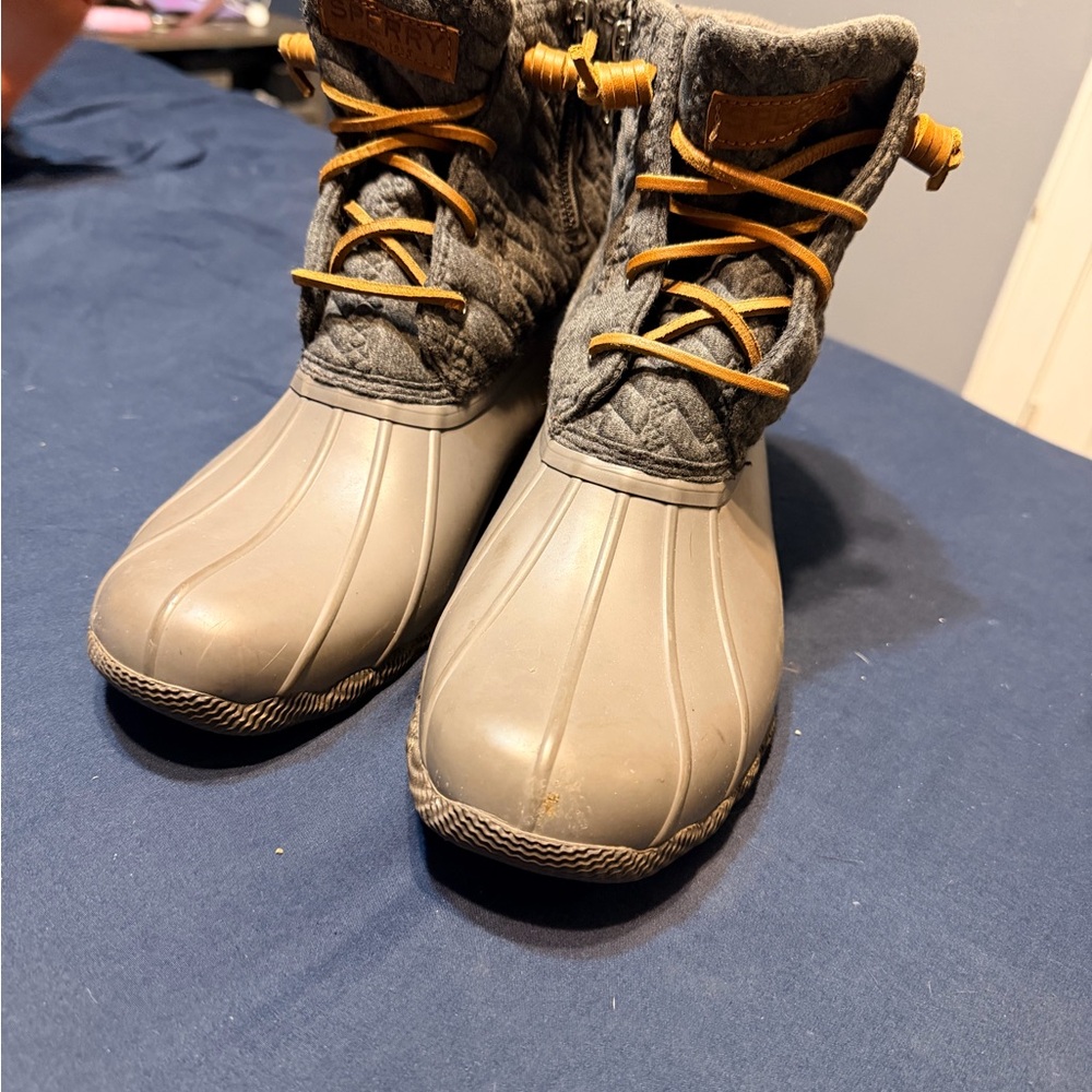 Sperry Gray Quilted Duck Boots with Tan Lace Accents
